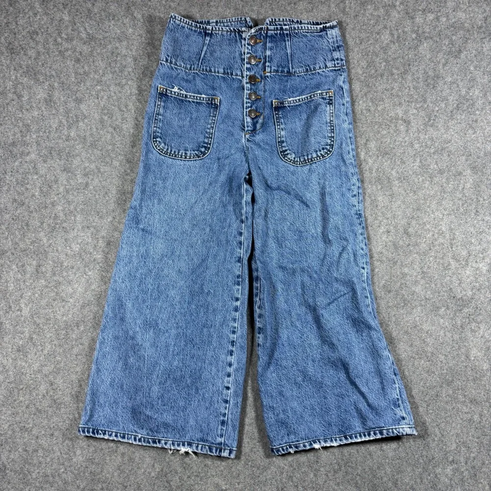 Free People Jeans Womens 27 Blue Wide Leg Buckle Back Button Fly Patch Pocket